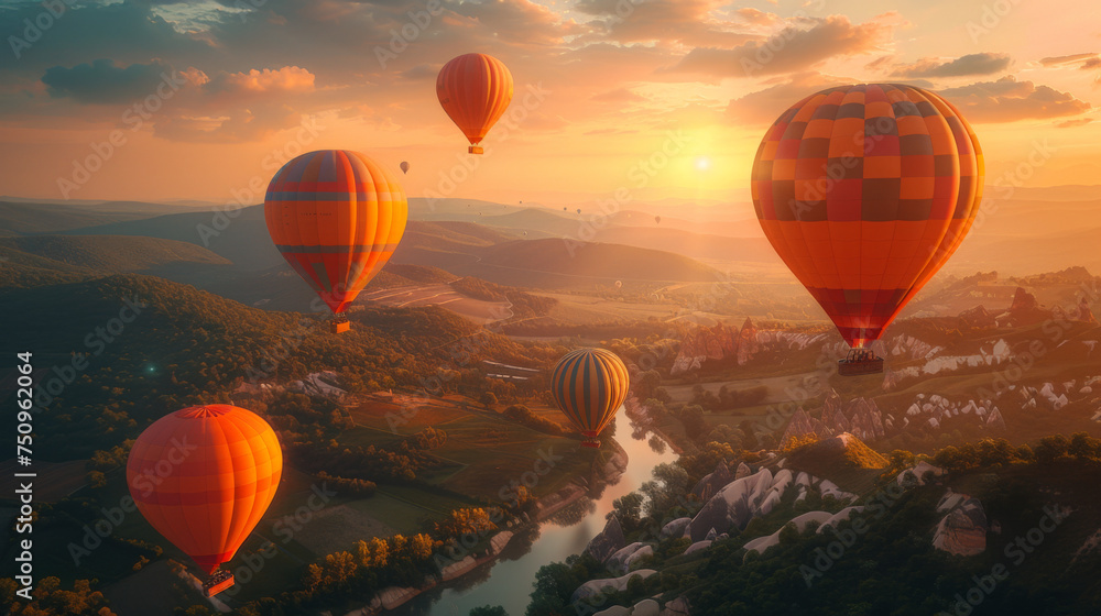 Colorful hot-air balloons flying over the mountain. Colorful hot-air balloons flying over the mountain.