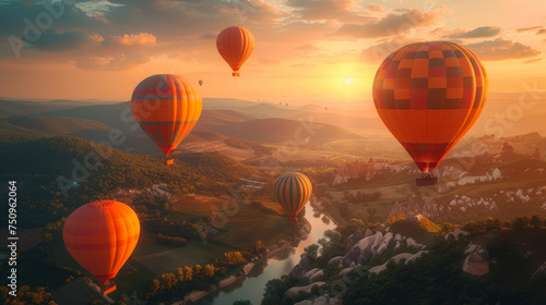 Colorful hot-air balloons flying over the mountain.