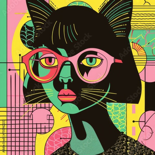 Cat Line Drawings Intense Colors Pop Lines Style - Doll Core Green and Pink 1950s Pop Theme Background created with Generative AI Technology