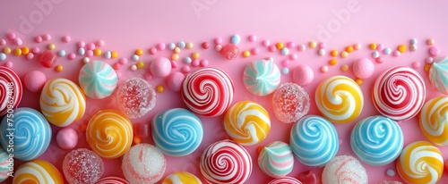 Colorful lollipops and candy drops aligned on a vibrant pink background  showcasing a sweet and playful mood.