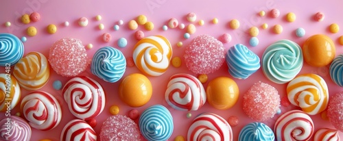 Colorful lollipops and candy drops aligned on a vibrant pink background, showcasing a sweet and playful mood.