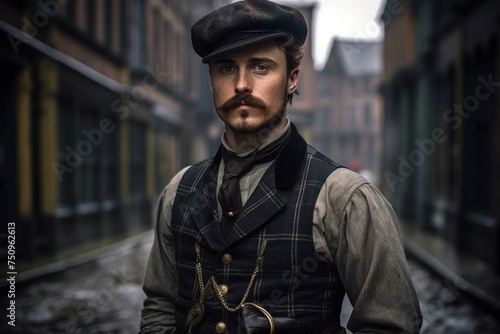 Scottish man from Victorian era. Historical male in vintage attire outdoor portrait. Generate ai photo