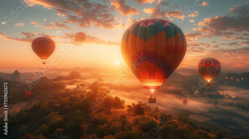 Colorful hot-air balloons flying over the mountain. #750962673