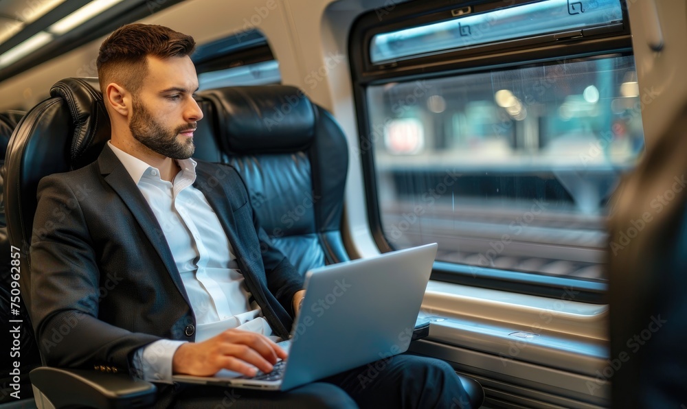 A businessman is travelling in a train while working on a laptop A businessman is travelling in a train while working on a laptop