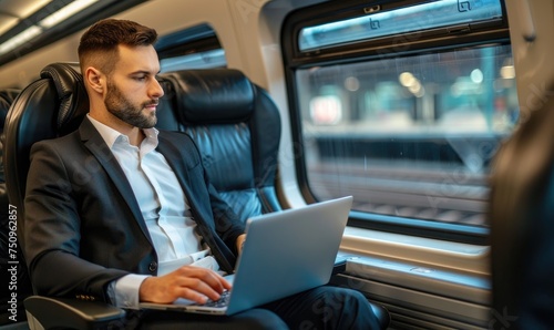 A businessman is travelling in a train while working on a laptop © piai