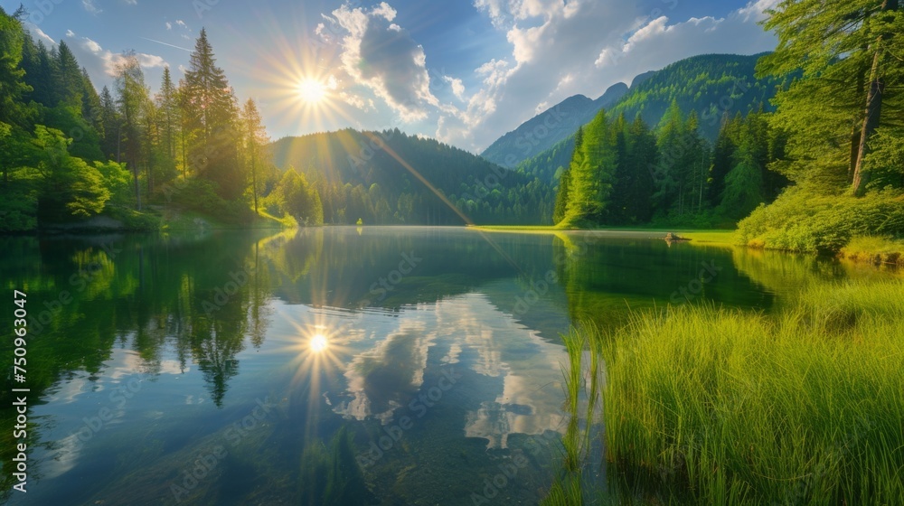 Serene Lake View With Sunlight Reflecting on Water Amidst Lush Forest at Dawn Serene Lake View With Sunlight Reflecting on Water Amidst Lush Forest at Dawn
