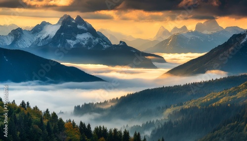 An image of epic mountains enveloped in morning fog, with sunlight casting a warm glow, creating a serene and majestic natural background. photo