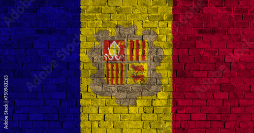Principality of Andorra Flag Over a Grunge Brick Background.
