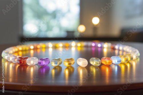 Medicine and medications. Colorful, bright capsules of medical drugs are laid out on the table.