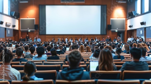 Audience in college or university with lecture room and backview on students learning and listening to the presentation or professors as back to school concept