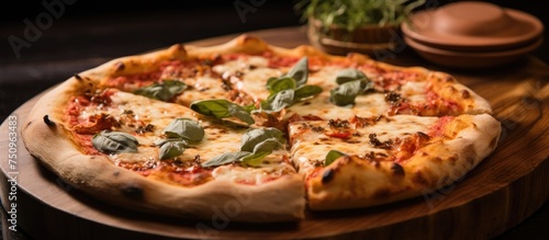 A pizza is showcased on top of a wooden cutting board, highlighting its cheesy toppings and crispy crust.