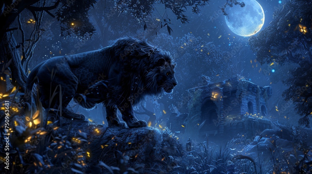 Lack Lion Prowls Moonlit Mystical Forest - Enchanted by Moonlight ...
