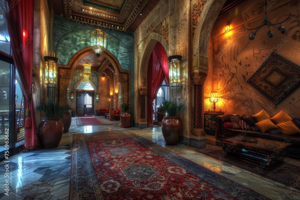 Obraz premium Arab Palace, Harem, Grand Hamam, Hotel, Luxurious Oriental Interiors, Abstract Generative AI Illustration