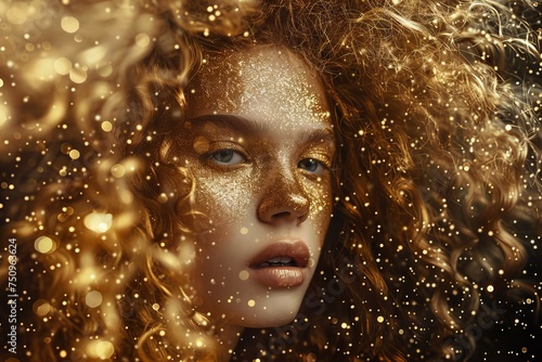 Gold Curly Hair Portrait, High Fashion Model Woman in Golden Bright Sparkles in Curly Hair, Gold Curls