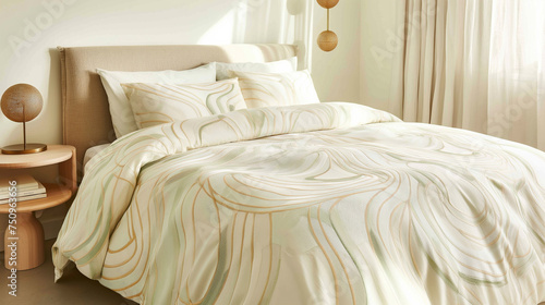 A bed with a white comforter and a green and white pattern