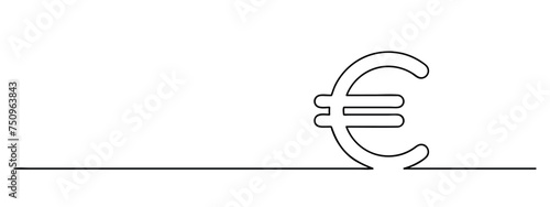euro sign continuous one line drawing, european currency lineart, black line vector illustration, editable stroke, panoramic design element