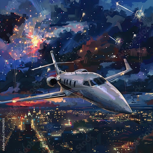 Business Jet Flying High in Sky Amidst Fireworks at New Year Festival  Luxurious Private Jet Soaring