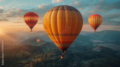 Colorful hot-air balloons flying over the mountain.