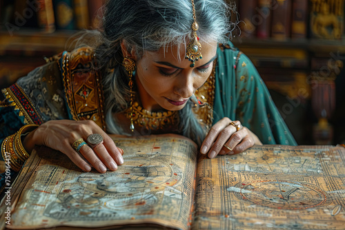 Female astrologer looks at an open book with a natal chart on it photo