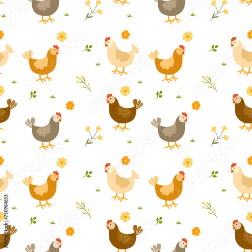Seamless pattern with chicken, hen and flowers on white background. Spring, summer motif. Vector illustration, hand drawn, flat style.