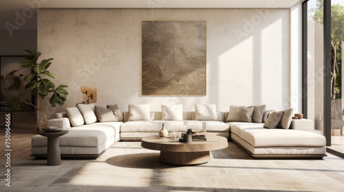 A sleek living room with textured walls and a neutral colour palette, featuring a grey sofa and a mirrored side table