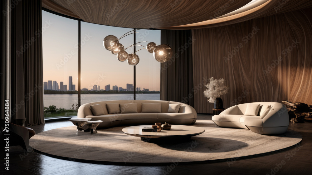 Fototapeta premium A sleek living area illuminated by a stunning statement lighting fixture that stands out from the decor