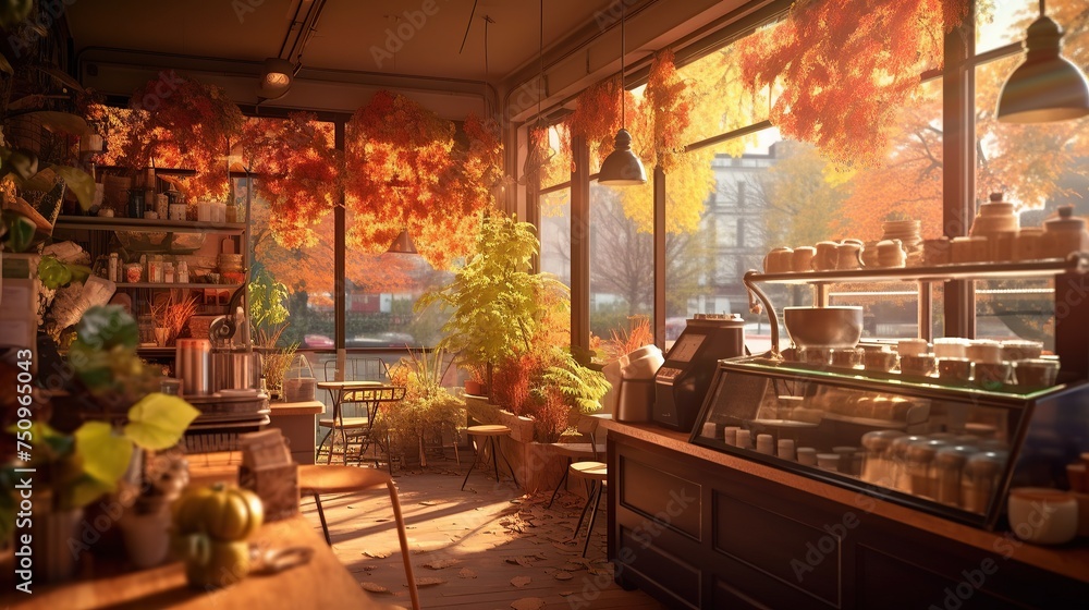 Coffee shop with autumn flowers and tables. Soft focus