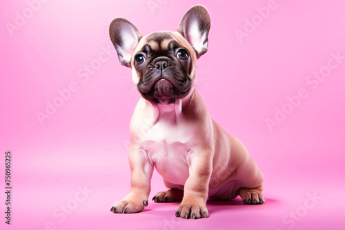 A small dog is sitting on a colored background