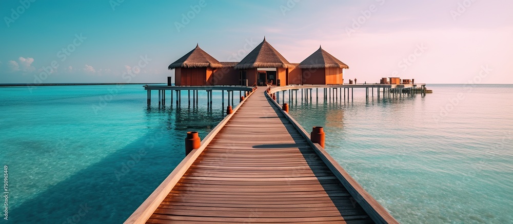Wooden pier in the sea at Maldives - obrazy, fototapety, plakaty 