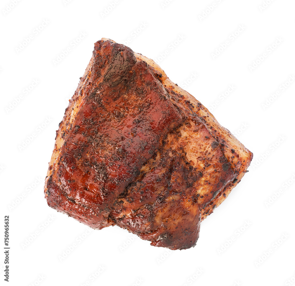 Piece of tasty baked pork belly isolated on white, top view