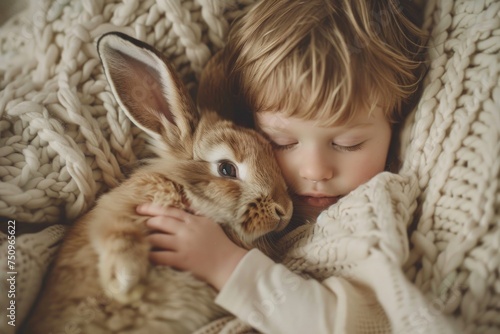 A heartwarming image of a little boy cuddling with a rabbit, perfect for children's books or Easter promotions © Fotograf