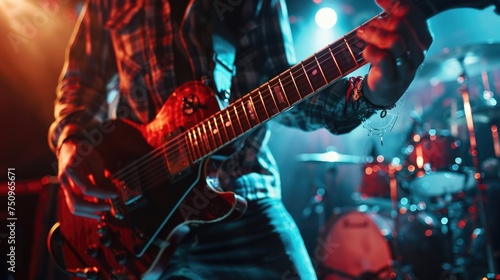 A man playing a guitar on a stage. Perfect for music events