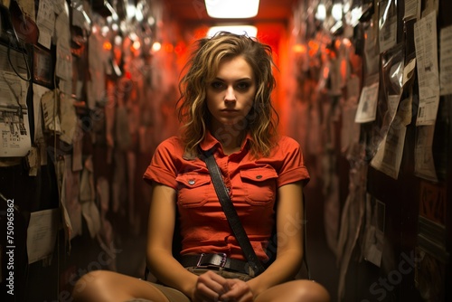 neon scrutiny: a blonde woman with wavy hair gives a stern look into the camera, seated in a cramped, note-covered room under the stark glow of neon lights, creating a tense and mysterious atmosphere