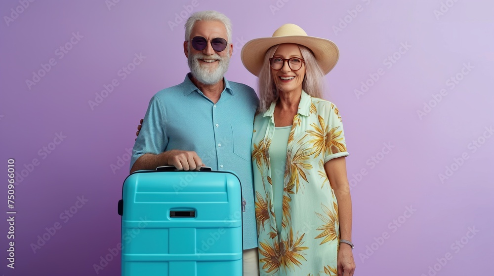 An elderly couple of happy pensioners are going on a beach vacation with blue suitcase. Concept of summer vacation, active old people, getting emotions and positivity from traveling