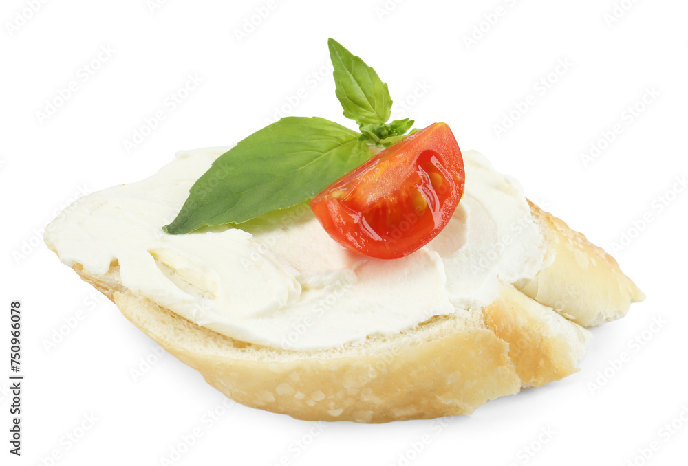 Bruschetta with cream cheese, tomato and basil leaves isolated on white Bruschetta with cream cheese, tomato and basil leaves isolated on white