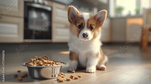 A sick puppy corgi sits on the floor next to a bowl of dry food and refuses to eat, there is no appetite. Pet health, veterinarian consultation