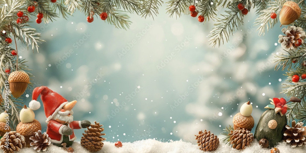 Christmas holiday and winter season marketing background, horizontal rectangle with a dwarf, a fir tree, and acorns, elaborate borders, copy space, high details,wimscal - obrazy, fototapety, plakaty 