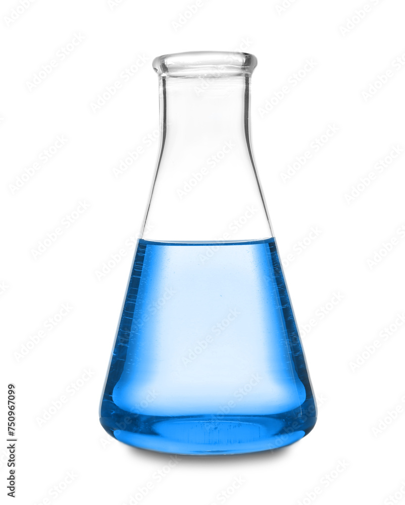 Conical flask with blue liquid isolated on white. Laboratory glassware Conical flask with blue liquid isolated on white. Laboratory glassware