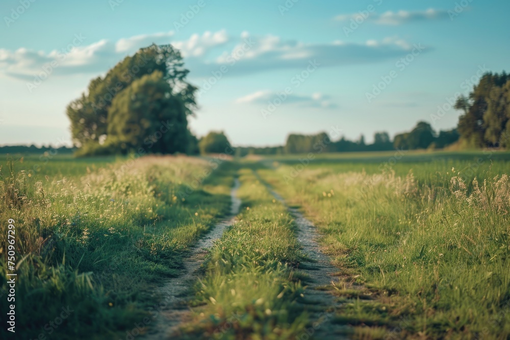 Obraz premium Scenic view of a dirt road in a lush green field, perfect for nature backgrounds