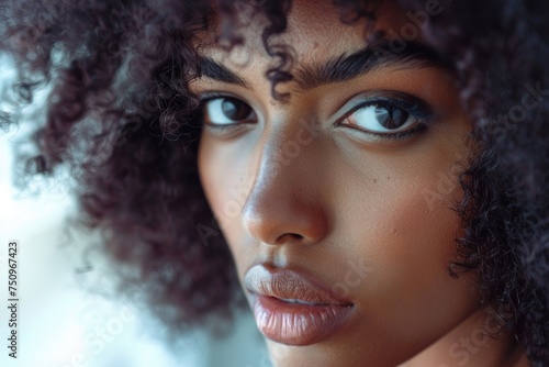 Close up of a woman s face with curly hair. Perfect for beauty or lifestyle themes