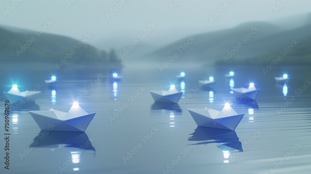 A minimalist composition featuring a series of paper boats on a reflective, serene lake, each boat carrying a blue light