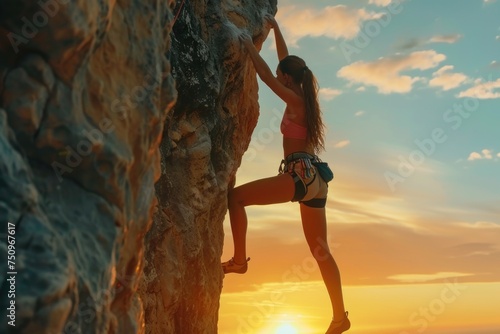 A woman scaling a cliff during a picturesque sunset. Ideal for outdoor and adventure-themed projects