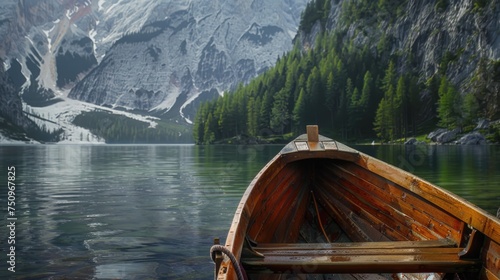 Wooden boat sitting on top of a calm lake. Suitable for nature and outdoor themes