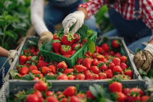 Couple harvesting fresh strawberries, ideal for food and agriculture concepts