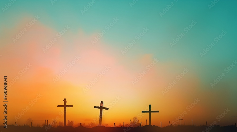 A minimalist scene featuring three empty, rustic wooden crosses silhouetted against a dramatic sky at dusk, capturing the essence of Good Friday.