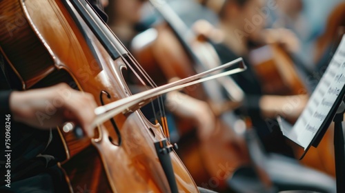 Close up of a person playing a cello, suitable for music-related designs photo