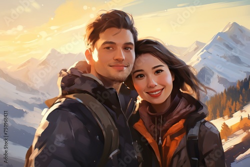 Selfie couple mountains. Vacation adventure. Generate Ai