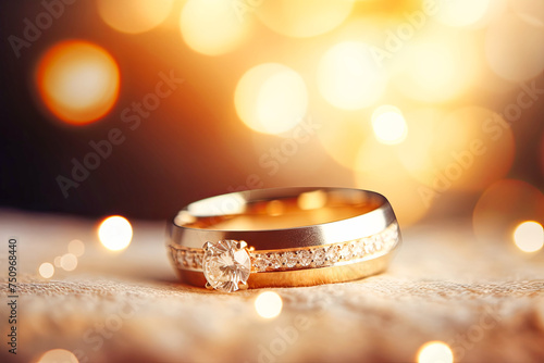 Two Gold Wedding Rings With Sparkling Lights in the Background