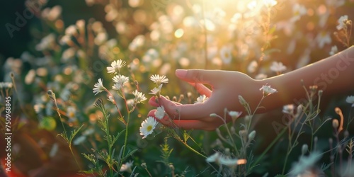 Person holding a white flower in a field, suitable for nature and relaxation concepts #750968845