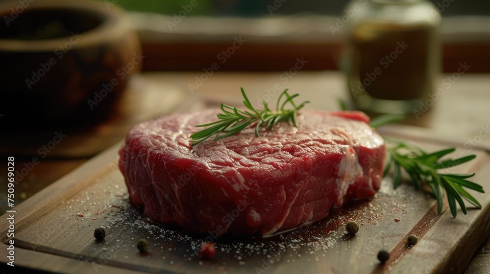 Raw meat with herbs on a wooden board, ideal for cooking websites